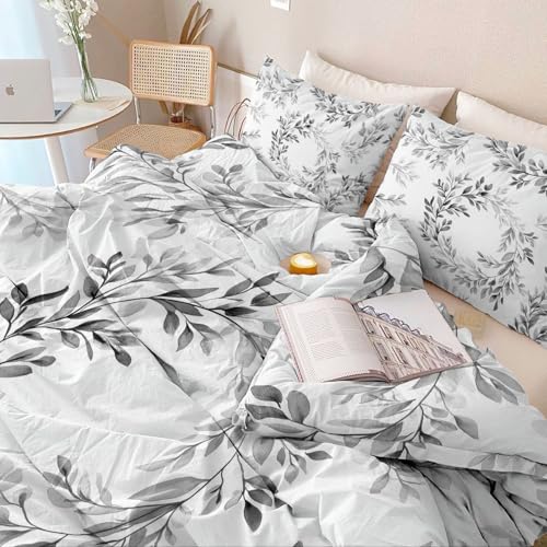 Duvet Cover Single 61" x 79" Size - Reversible Minimalist Retro Botanical Duvet Cover Set for Kids and Adults with Zipper Closure, 3 Pieces Grey Bedding Set with 2 Pillow Shams Generic