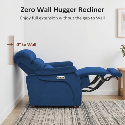MCombo Power Zero Wall Hugger Recliner Chair for Small Space RV Living Room, Power Recliner with Adjustable Headrest, USB & USB-C Charging Ports, Fabric ST257 (Navy Blue)