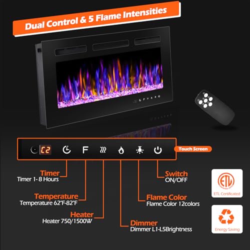 BETELNUT 30" Electric Fireplace Wall Mounted and Recessed with Remote Control, 750/1500W Ultra-Thin Wall Fireplace Heater W/Timer Adjustable Flame Color and Brightness, Log Set & Crystal Options BETELNUT
