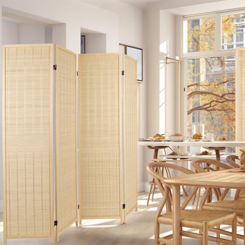 4 Panel Bamboo Room Divider, 5.6 FT Folding Privacy Screen, Bamboo Panel Divider Screen for Room Separation, Freestanding Partition for Home, Office, Bedroom (Beige) ZFFURN