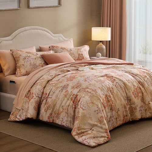 BLOOMHAVEN King Comforter Set -7 Pieces Terrecotta Floral Comforter Set for All Seasons, Bed in a Bag King with Botanical Flowers Comforter, Sheets, Pillowcases & Shams BLOOMHAVEN