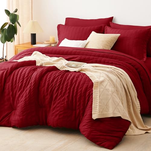 CozyLux King Size Comforter Set Dark Red Seersucker 7 Pieces Bed in a Bag King Comforter Set with Sheets, Luxury Bedding Sets with Down Alternative Comforter, Sheets, Pillowcases & Shams All Seasons