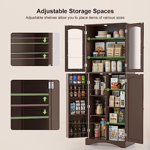 Gizoon 64" Kitchen Pantry Cabinet, Tall Storage Cabinet with Glass Doors and Adjustable Shelves, Freestanding Floor Cabinet Cupboard for Kitchen, Living Room, Dining Room (Dark Brown) - WoodArtSupply