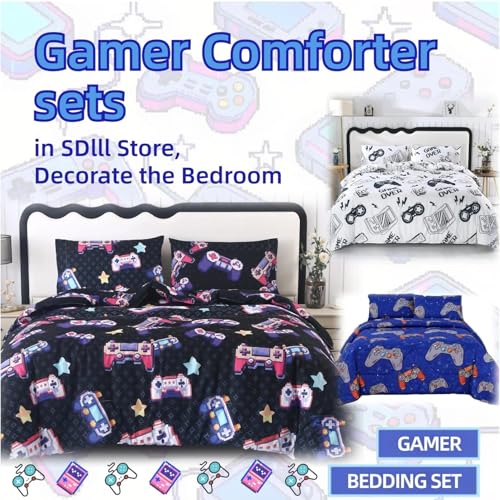 SDIII 4PCS Blue Gamer Sheets Set Twin, Soft Microfiber Gaming Bed Sheet, Games Console Twin Sheets Set for Boys Girls Kids and Teens All Season SDIII