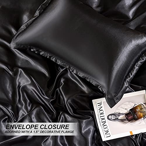 HOdo Home Satin Duvet Cover Twin Size, 3 Piece Silk Like Comforter Cover, Ultra Soft and Breathable Bedding Set with Zipper Closure & Corner Ties (Black) HOdo Home