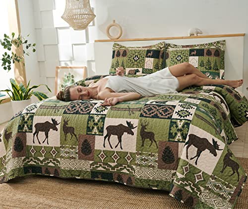 Quilts Set King Size Rustic Quilt Bedspread Coverlet King Quilt Bedding Country Lodge Patchwork Quilt Home Lightweight Reversible Bedspread Rustic Bear Bedding Cabin Moose Forest Animal Coverlet Olive ARL HOME