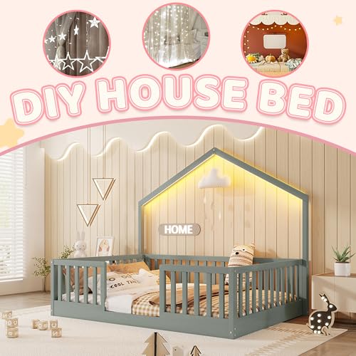 Mirightone Full Floor Bed with High Rails, Wooden Montessori Bed Frame with Single Color Light and House Shape Design, Low Profile Beds for Kids, Boys and Girls, Grey Mirightone
