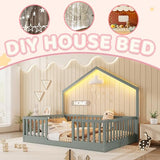 Mirightone Full Floor Bed with High Rails, Wooden Montessori Bed Frame with Single Color Light and House Shape Design, Low Profile Beds for Kids, Boys and Girls, Grey Mirightone