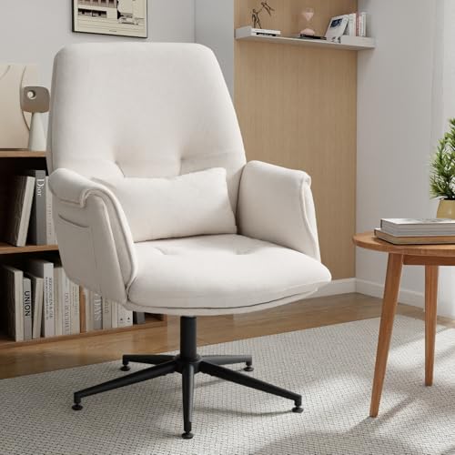 High Back Home Office Chair Without Wheels, Upholstered Fabric Desk Chair with Armrests, Ergonomic Swivel Computer Task Chair (White) Eronfrione