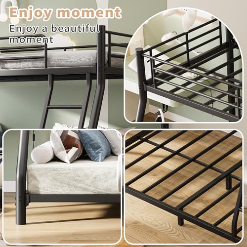Twin Over Twin Metal Bunk Bed with Trundle Heavy Duty Twin Size Metal Bunk Beds Frame with 2 Side Ladders Convertible Bunkbed with Safety Guard Rails,No Box Spring Needed (Twin Over Full Black) HomJoones