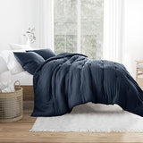 Merit Linens Waffle Textured 3 Piece Comforter Set All Season Down-Alternative Ultra Soft Bedding - Full/Queen Navy Merit Linens