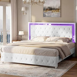 Jocisland Twin Bed Frame with LED Lights Headboard&Footboard, Velvet Upholstered Twin Size Platform Bed Frame No Box Spring Needed/White Jocisland
