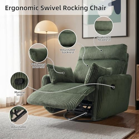Swivel Recliner Chair for Adults, Corduroy Nursery Glider Rocking Chair, Armchair with 2 Pillows, Comfy High Back Reclining for Small Spaces, Nursery Bedroom Living Room (Corduroy Green, 1 Pack) UNUQLIVCO