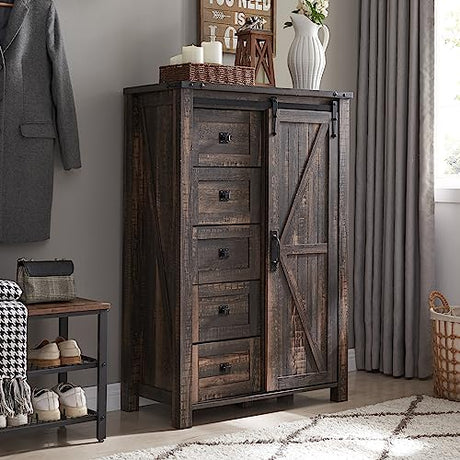 T4TREAM 5 Drawers Dresser for Bedroom w/Sliding Barn Door, Farmhouse Modern Tall Dresser 5 Chest of Drawers, Storage Organizer Dresser for Bedroom, Hallway, Living Room, Kids Room, Dark Rustic Oak T4TREAM