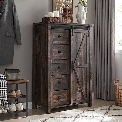 T4TREAM 5 Drawers Dresser for Bedroom w/Sliding Barn Door, Farmhouse Modern Tall Dresser 5 Chest of Drawers, Storage Organizer Dresser for Bedroom, Hallway, Living Room, Kids Room, Dark Rustic Oak
