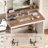 Farmhouse Executive Desk 51" Computer Desk with 2 Drawers Storage Cabinet and Power Outlets Wood Home Office Desk with Hutch & Monitor Stand, Writing Desk Workstation for Bedroom Study, Rustic White Halitaa