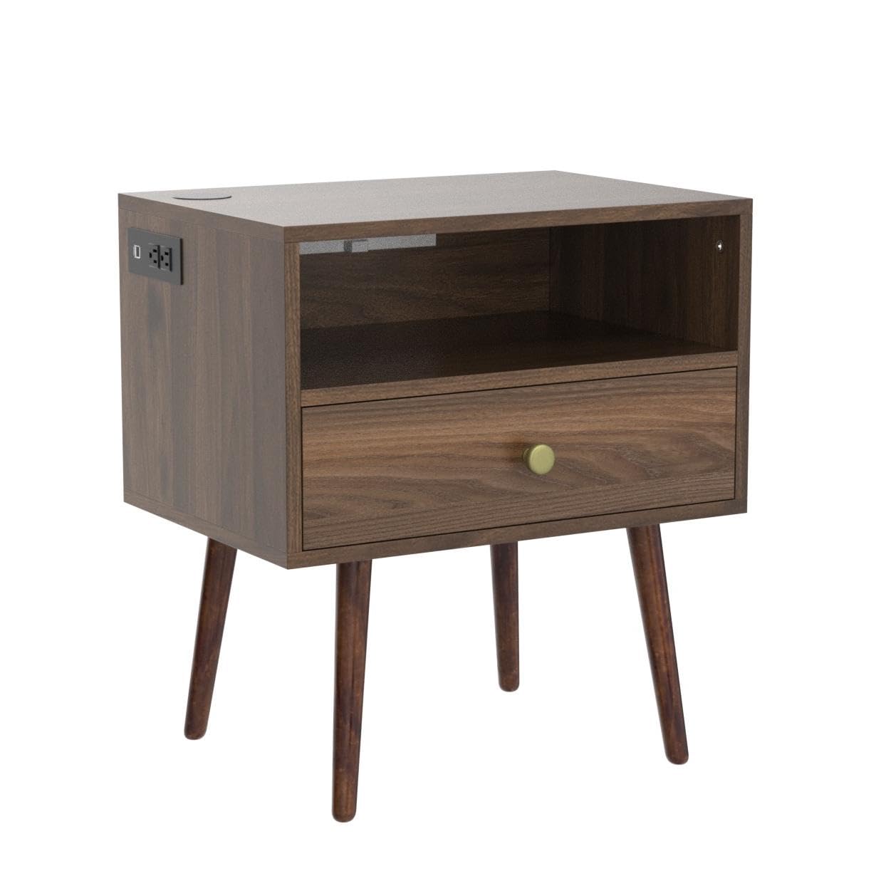 Wood Nightstand with Wireless Charging Station and Led Light - 20"W x 14"D x 24"H Mid Century Modern Nightstand with Charging Station, Walnut Nightstand with One Drawer, Outlet on Left,Solid Wood Legs