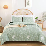 JANZAA Quilts Queen Size Sage Green Quilt Botanical with Floral Pattern Microfiber Bedspreads Queen Size 3 Pieces Lightweight Comforter Reversible Bedding Set with 2 Pillow Cases JANZAA