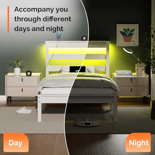 VINGLI LED Twin Bed Frame Set of 2 Solid Wood Platform Single Bed with Headboard Shelf USB Charging Station,Panel Bed, Wood Slat Support Mattress Foundation, White VINGLI