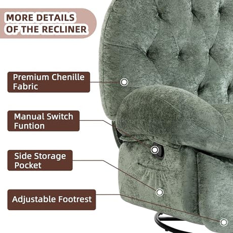 AISALL Recliner Chair for Adults, 360° Swivel Manual Recliner with Side Pocket, Nursery Rocking Chair with Comfortable Chenille Arms and Back for Living Room, Bedroom, Reading (Green) AISALL