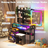 WOOVIVS Vanity Desk with Lights and Sliding Vanity Mirror, Makeup Vanity Desk with Charging Station, Vanities Dressing Table with Stool, LED Vanity Set with Large Drawers&Shelves for Bedroom, Black WOOVIVS