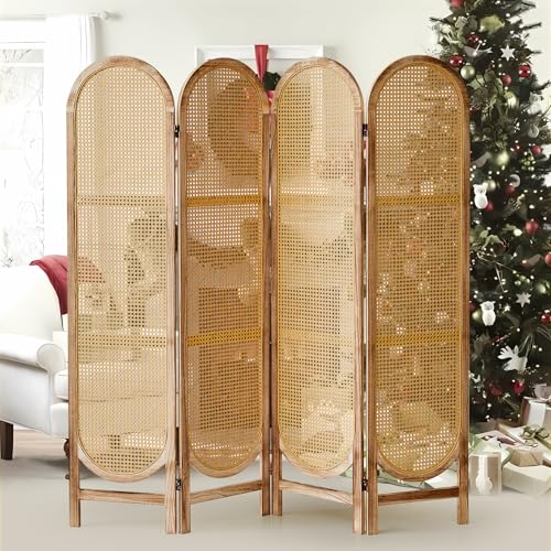Aletheiawu Room Divider and Folding Privacy Screen 5.6 Ft Rattan Room Divider with Double Hinges, Foldable Wood Partition Screen, Freestanding Wall Divider for Room Separation Home - 4 Panel Natural Aletheiawu