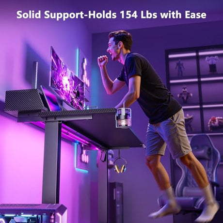 OffiGo Gaming Standing Desk with LED Light, 48 Inch Electric Height Adjustable Table with Power Outlet & Floating Monitor Stand, Sit Stand Computer Workstation for Home, Bedroom, Black OffiGo