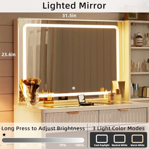 LEYAOYAO Vanity Desk with Mirror and Lights, 43.5'' Fluted Makeup Vanity with 6 Drawers and Adjustable Shelves, Wood TC Make Up Vanity Dressing Table with Glass Top and Power Outlet for Bedroom LEYAOYAO