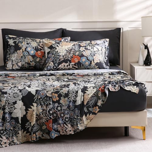 LONAVA Flower King Size 6 Pcs Sheet Set, Breathable Microfiber Deep Pocket Black Fitted Sheets, Comfy & Breathable Patterned Flat Sheets,4 Gentle Soft Pillowcases, Midnight Blossoms LONAVA