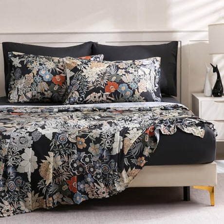 LONAVA Flower King Size 6 Pcs Sheet Set, Breathable Microfiber Deep Pocket Black Fitted Sheets, Comfy & Breathable Patterned Flat Sheets,4 Gentle Soft Pillowcases, Midnight Blossoms LONAVA