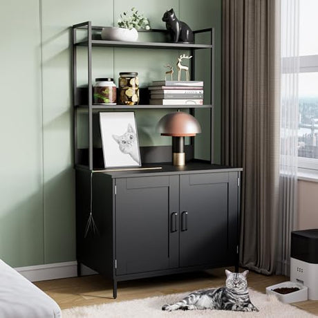Cozy Castle Litter Box Enclosure with 2 Storage Shelves and 2 Doors, Hidden Cat Litter Box Enclosure Furniture with Shelf, Indoor Cat House Furniture for Most of Litter Box, Black Cozy Castle
