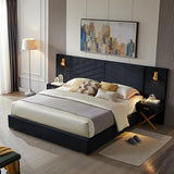 Olodumare Luxurious King Platform Bed Frame, Velvet Upholstered Headboard with 2 Built-in Wall Sconces & Nightstands, Sturdy Metal & Solid Wood Frame, Squeak-Free, No Box Spring Needed, Polar Black Olodumare
