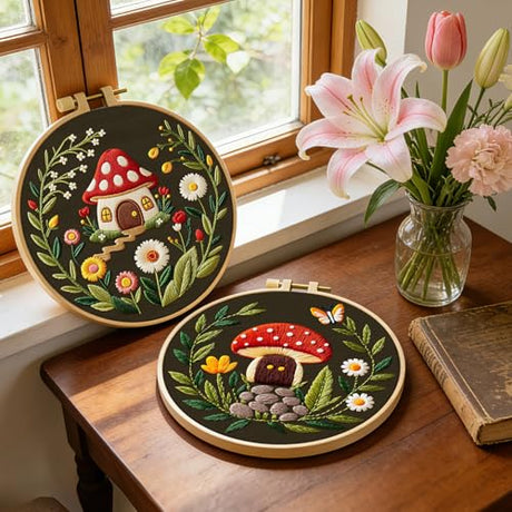 ERKOON Embroidery Kit for Beginners, 2 Set Flower Cross Stitch Set Include Embroidery Cloth Hoops Threads for Craft Lover Hand Stitch with Embroidery Skill Techniques (Mushroom) ERKOON