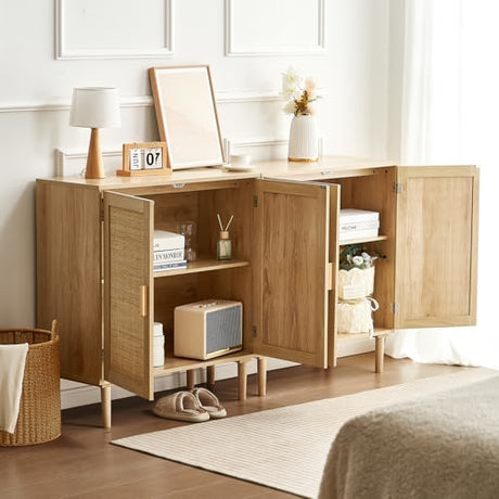 VEVOR Rattan Buffet Cabinet with Storage, 4 Magnetic Doors and Adjustable Shelves, Sideboard for Hallway, Living Room, Kitchen, Natural VEVOR