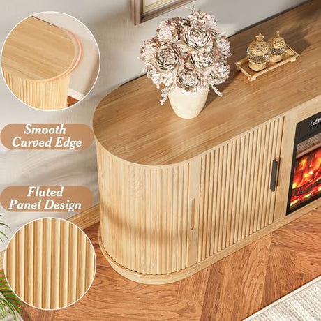 Vitesse Fluted 70 TV Stand with 23" Electric Fireplace Heater, Entertainment Center with Storage and Adjustable Shelves,Modern Media Console Table with Sliding Doors for Living Room, Bedroom (Wood VITESSE