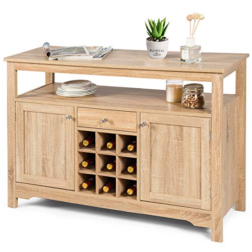 Giantex Buffet Server Sideboard, Console Table, Wood Dining Table, Cupboard Table with 2 Cabinets, 1 Drawer and 9 Wine Cabinets, Storage Organizer Kitchen and Dining Room (Natural) - WoodArtSupply