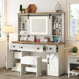 AMERLIFE 47.2" W Farmhouse Makeup Vanity Desk with Sliding Mirror, Vanity Set with Stool & Charging Station & 3 Brightness Lights, Glass Desktop, Ample Storage, Antique White AMERLIFE