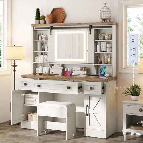 AMERLIFE 47.2" W Farmhouse Makeup Vanity Desk with Sliding Mirror, Vanity Set with Stool & Charging Station & 3 Brightness Lights, Glass Desktop, Ample Storage, Antique White