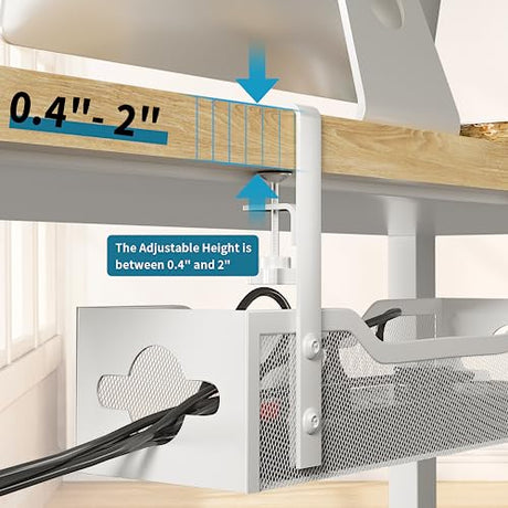 Under Desk Cable Management Tray No Drill, 13.38'' Metal Tray with Clamp for Wire Management, Litwaro Cord Organizer Home Office Damage to Standing Desk, White Litwaro