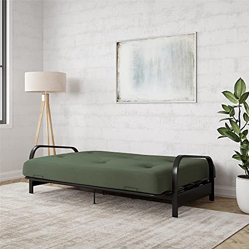 DHP Brax Black Metal Arm Full Size Futon Frame with 6" Thermobonded High Density Polyester Fill Army Green Futon Mattress