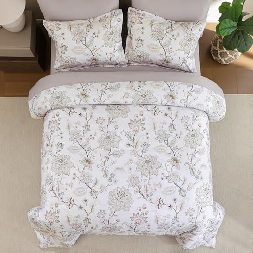 Luxudecor Floral Comforter Set King Size 7 Pieces Bed in a Bag, Beige Paisley Flower Bed Set, Soft Lightweight Comforter with Sheet Set 104"x90" Luxudecor