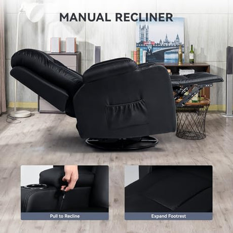 COMHOMA Living Room Furniture Set, Bonded Leather Sofa with Cup Holder Recliner Chair, 3, Black COMHOMA