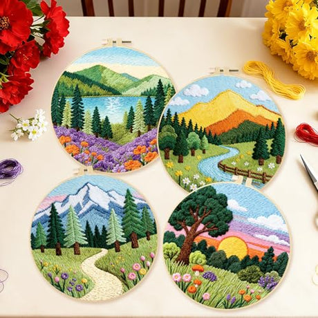 BEUNITONE 4 Set Embroidery Kit for Beginners, Beautiful Forest Scenery Patterns Cross Stitch Kits, Needlepoint Kits for Adults with Hoop, Hand Embroidery Patterns for Cloth and Home Decor BEUNITONE