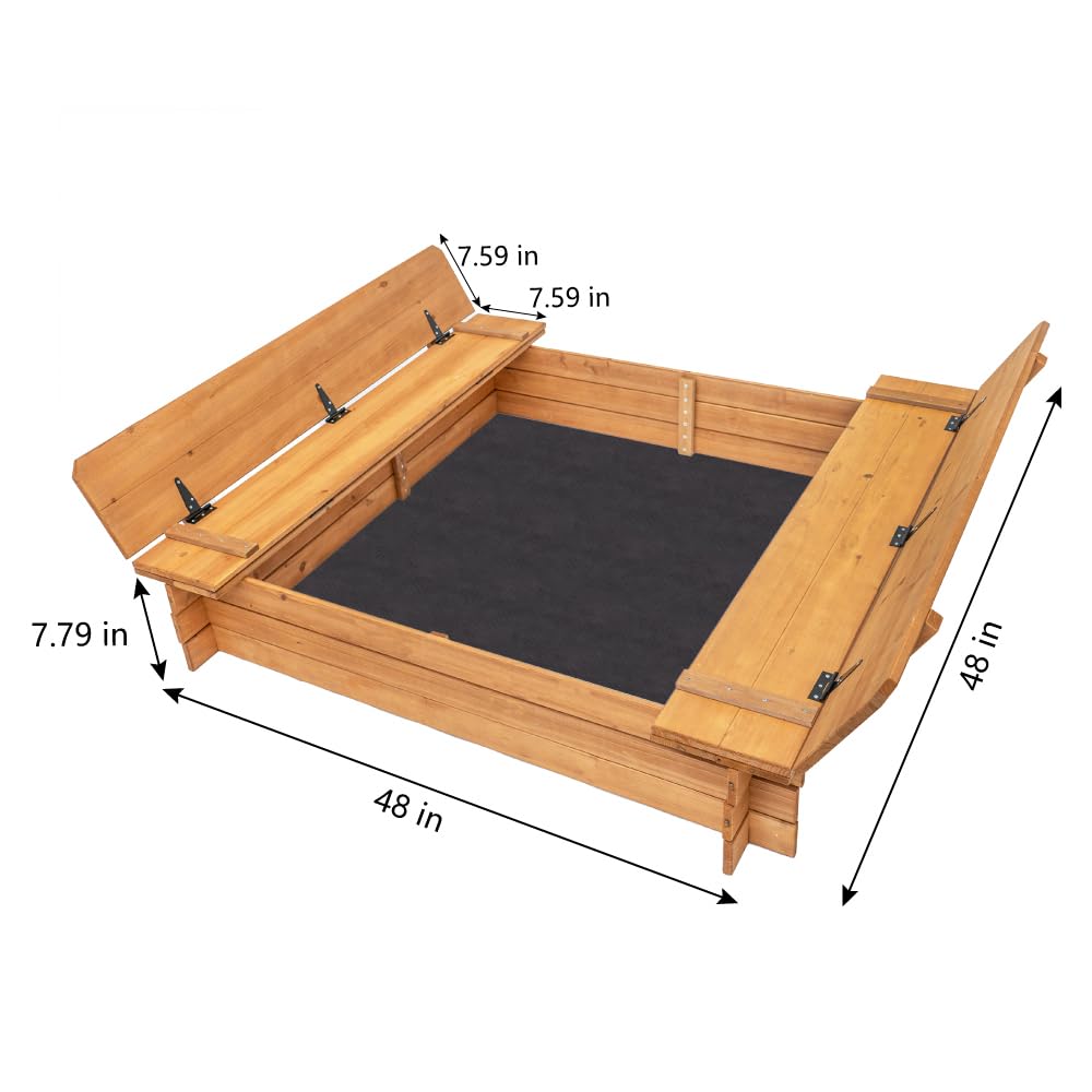 BIRASIL Wood Sandbox with 2 Bench Seats, Sand Boxes with Lid for Kids, Sand Pit with Cover for Outdoor Backyard Patio, 48 Inch BIRASIL
