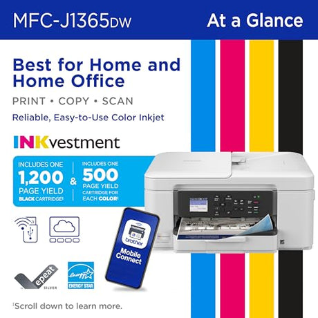 Brother INKvestment 1365 Wireless Color Inkjet All-in-One Printer with Automatic Duplex Printing and 1.8” Color Display | Includes Refresh Subscription Trial(1) (MFC-J1365DW) Brother