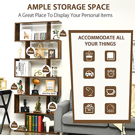 Tangkula 6-Tier S-Shaped Bookshelf - Stylish Rustic Brown Wooden Bookcase with Anti-Toppling Device Tangkula