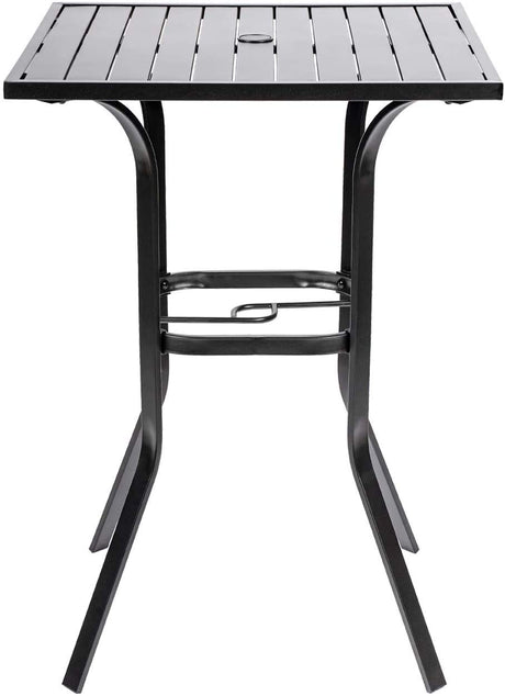 Omelaza Patio Height Bar Table, Outdoor Bistro Square High Top Dining Table with 1.57'' Umbrella Hole & Steel Slat Table Top (Black) Omelaza