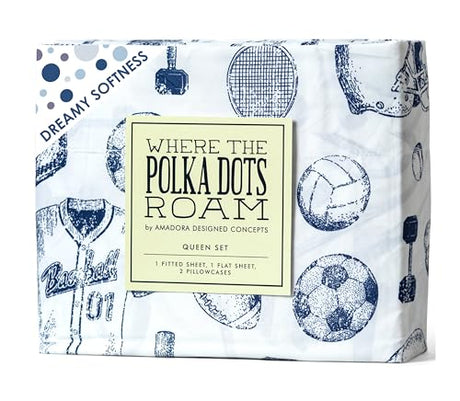 Kids Sports Bedding Set Queen Size, Super Soft Baseball, Football, Soccer Themed Bedsheets for Teens and Children, Wrinkle Resistant Premium Flat and Fitted Sheets for Boys and Girls Sports Room Décor Where The Polka Dots Roam