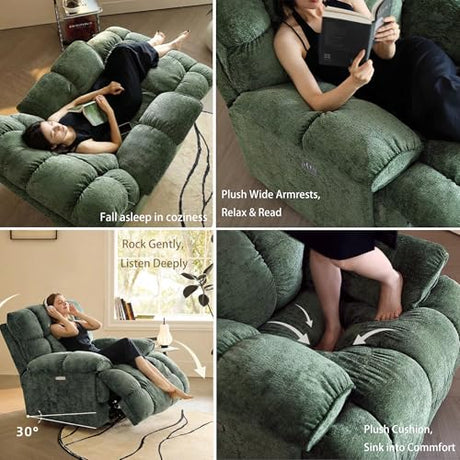 Pationate Oversized Recliner Chair, Overstuffed Swivel Rocker with Extra Wide Seat & Breathable Fabric for Living Room (Power, Green) Pationate