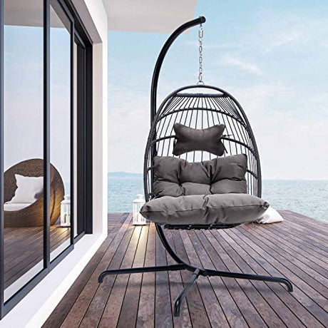NICESOUL® Egg Chair Indoor Outdoor Patio Wicker Hanging Egg Chair Swing Egg Basket Chairs with Stand UV Resistant Cushions 350lbs Capacity for Outside Backyard Balcony Xmas Gift NICESOUL